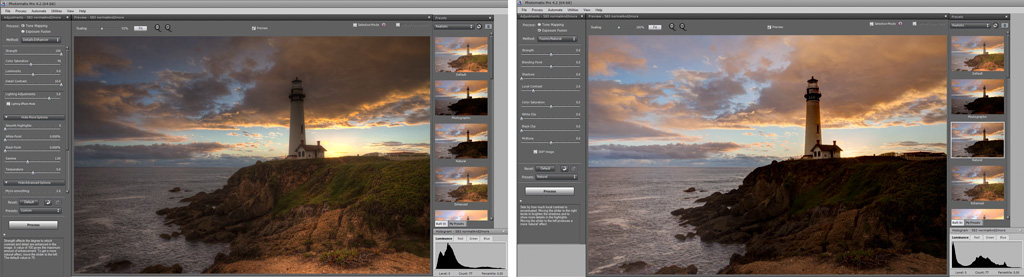 Photomatix Pro comparison of processing screens for Tone Mapping and Exposure Fusion