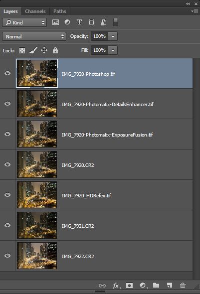 Different HDR versions as layers of one Photoshop file to create an uncompromising HDR photo
