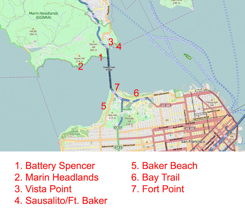 Map showing best locations to photograph the Golden Gate Bridge
